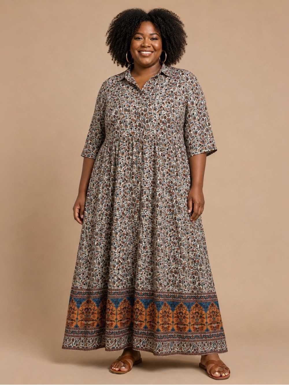 NATURAL LIFE Brown Floral Border-Print Maxi Dress